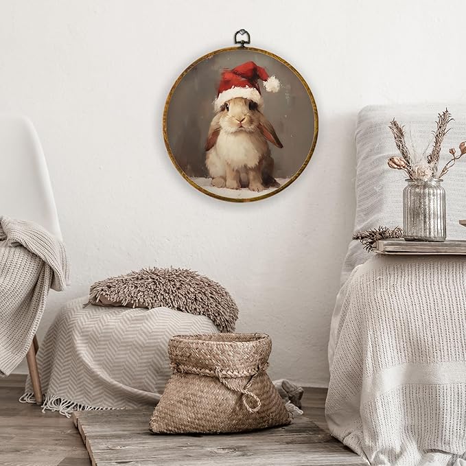 XPH Vintage Christmas Bunny Round Wall Art Framed, Rustic Christmas Rabbit Circle Wall Decor, Cottage Cozy Winter Xmas Bunny Hanging Canvas Prints for Home Bedroom Living Room Decoration, 10x10 Inch