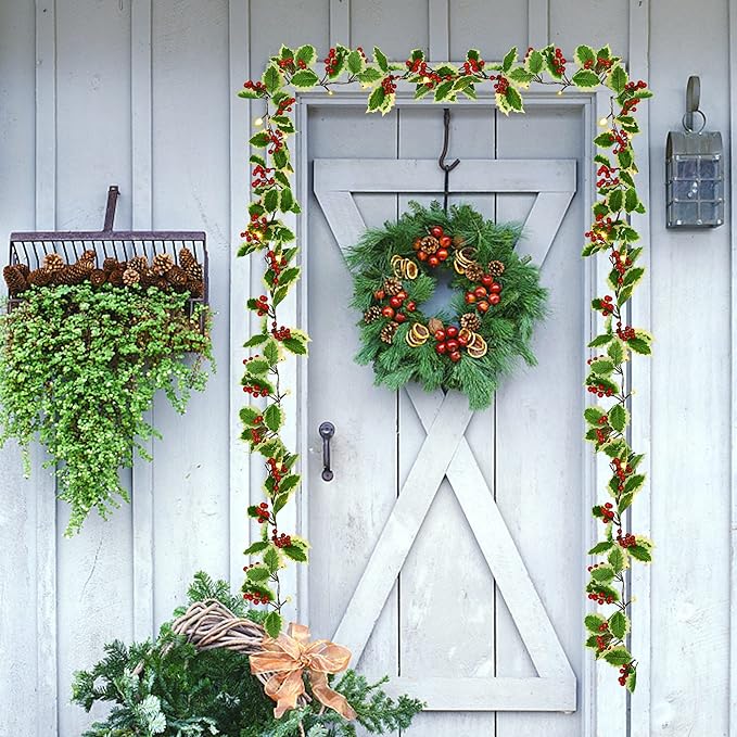 Juegoal 2 Pack Christmas Garlands, 6.5FT Pre-lit Red Berries & Holly Leaves Garland, Artificial Lighted Garland Battery Operated with Timer, Indoor Outdoor Fireplace Gate Home Winter New Year Decor