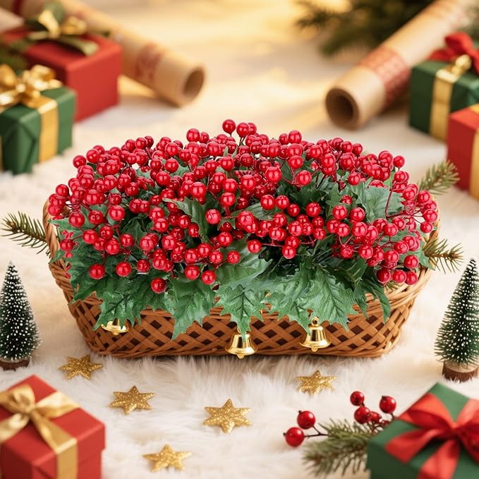 4 Bundles Fake Christmas Pine Branches with Red Berry Stems, Christmas Flowers Artificial for Norfolk Pine Garland and Trees, Faux Berry Picks for Holiday Home Decor