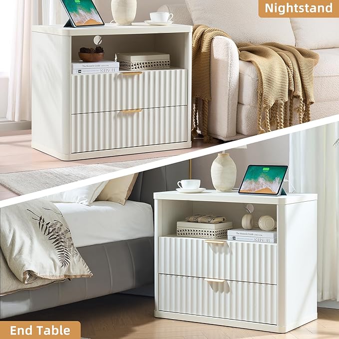 LEYAOYAO 31" Wide Fluted Nightstand Set of 2 with Charging Station, Oversized Extra Large 2 Drawers Night Stand,White Wood Bedside Table,Tall End Tables,Modern Chest of Drawers Dressers for Bedroom