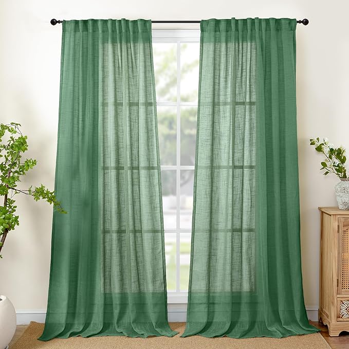 YoungsTex Green Linen Semi Sheer Curtains 84 Inch Length for Living Room 2 Panels, Light Filtering Window Treatments Rustic Textured with Rod Pocket Back Tab for Dining Bedroom, 52 X 84 Inch