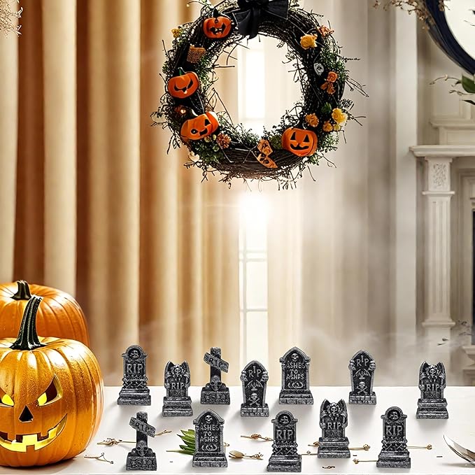 12PCS Mini Tombstones for Halloween Decoration, Resin Miniature Gravestones for Terrarium, Mini Headstones, Small Graveyard Set, Gothic Cemetery Figurines for Haunted House, Tabletop Displays