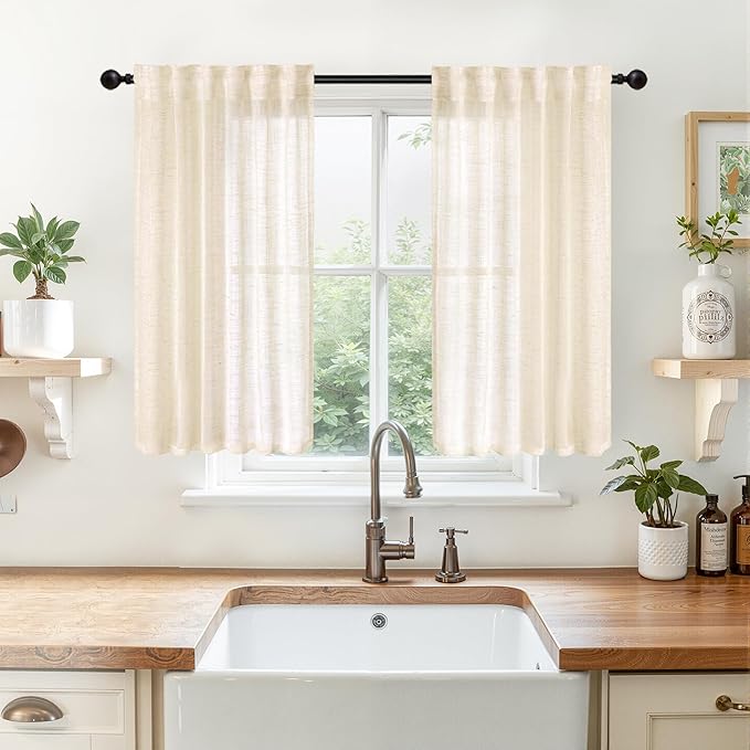 YoungsTex Champagne Linen Curtains 40 Inch Length for Kitchen Cafe Window, Semi Sheer Small Window Drapes Textured Light Filtering with Rod Pocket Back Tab for Cafe Bathroom, 2 Panels, 34 X 40 Inch