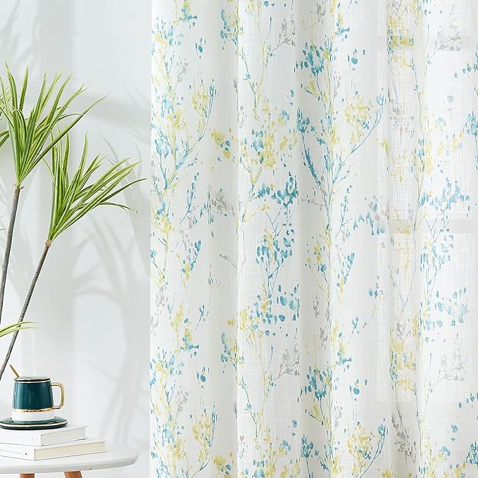 Treatmentex Branch Semi Sheer Curtains for Living Room Yellow White Print Curtains for Bedroom 95 inch Length Teal and Grey Watercolor Window Panels with Multicolor Design Grommet Top 2pcs