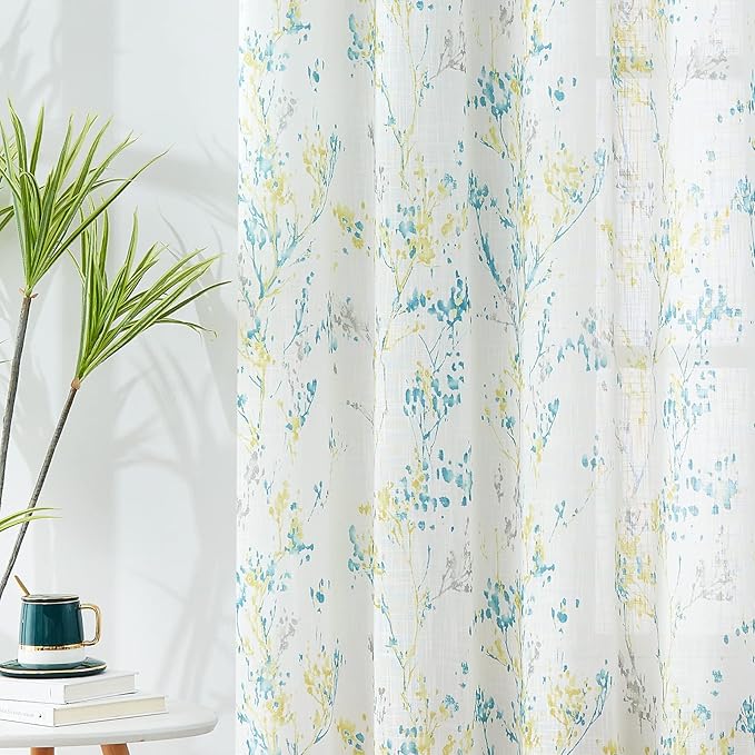 Branch Semi Sheers Curtains Living-Room 84inch Long Yellow Teal Watercolor Print Tree Curtain Drapes for Bedroom Linen Textured Look Privacy White Sheer Window Panels for Dining Grommet Top 2pcs