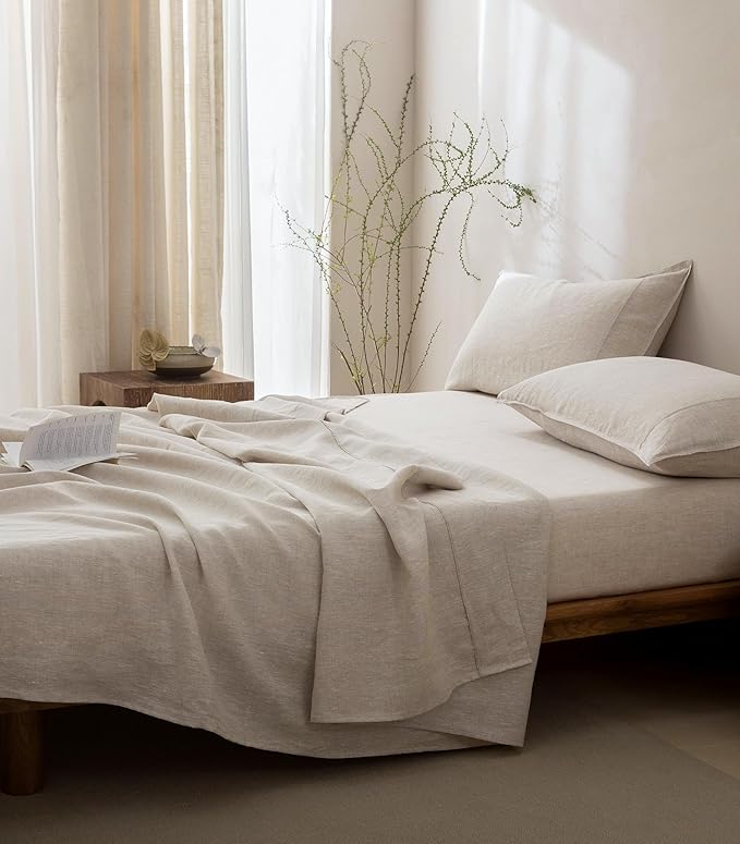 Talasily 100% French Pure Linen Sheets Set California King Size,Oeko-TEX Certified Bedding, All-Season Breathable for Hot Sleepers,16 Inch Deep Pocket Machine Washable 4-Piece (Natural Linen)