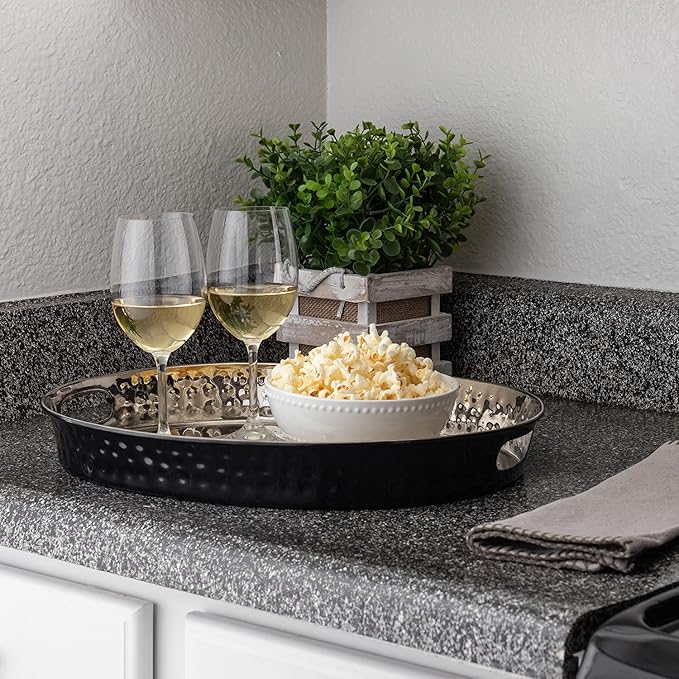 Monarch Abode Hand Hammered Metal Serving Tray with Handles, 17-Inch Black and Nickel Finish – Oval Serving Platter, Large Serving Tray for Party, Fruit Platter, Dessert Trays, Serving Dishes