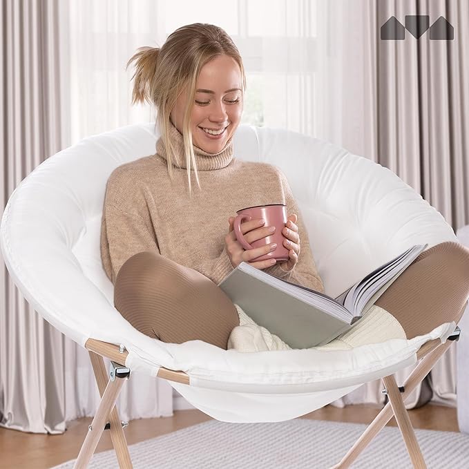 Milliard Cozy Chair/Velour Saucer Accent Chair for Bedroom/X-Large (White/Wood-Tone)