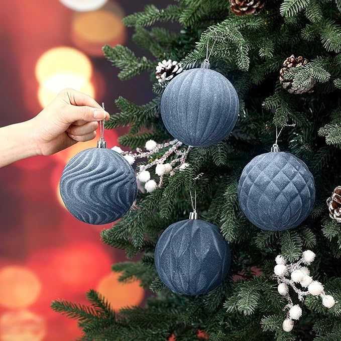 4 Pcs 4 Inch Large Velvet Christmas Ball Ornaments Vintage Christmas Plastic Ball Ornaments Flocked Tree Hanging Decoration for Xmas Party Wedding Home Decor(Grey Blue)