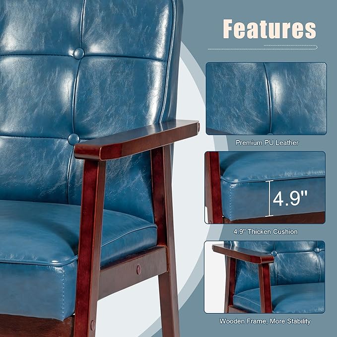 Okeysen Mid Century Modern Accent Chairs, Retro Wood and Leather Armchairs Side Chair, Lounge Reading Comfy Arm Chair for Living Room, Bedroom, Office (Blue)