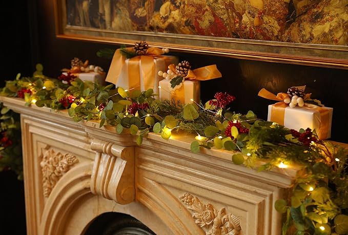 6.3FT Christmas Garland with LED String Lights, Anna's Whimsy 144 Branch Tips Seasonal Artificial Pine Winter Cypress Greenery Garland, Christmas Decorations Holiday Indoor Outdoor Christmas Decor