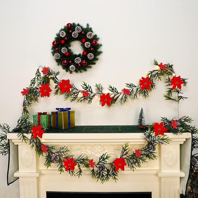 Juegoal 2 Pack Christmas Garland, 9' Pre-lit Artificial Xmas Flocked Garlands, Lighted Poinsettia Spruce Timer & Battery Operated with Lights, Garden Home Winter New Year decor, Geen, Red (YO-TTSZ-2)