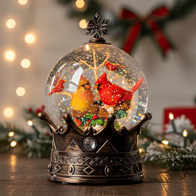 Cardinal Christmas Snow Globe, Lighted 2 Cardinal Musical Water Lantern with Swirling Glitter, Christmas Holiday Party Gifts and Decorations