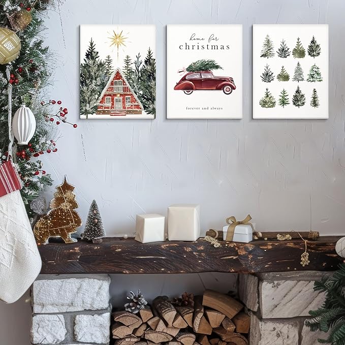 DSHFG Vintage Christmas Wall Gifts for Women Housewarming, Rustic Wall Art Canvas Framed Set of 3, Farmhouse Christmas House Trees Car Wall Decor for Home Living Room Bedroom, 14x11 Inch