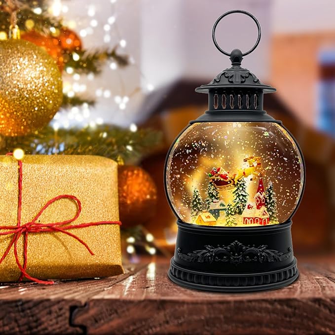 Christmas Snow Globe Lantern with Music & Timer - USB/Battery Operated LED Glittering Globe, Snow Globe Decor for Home Holiday (Reindeer)