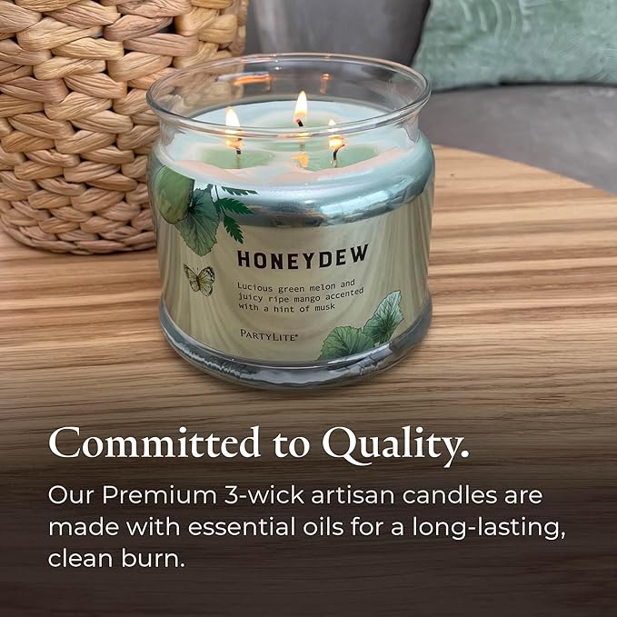 PartyLite Honeydew Scented, Notes of Green Melon, Juicy Ripe Mango and a Hint of Musk, 13.2oz 3-Wick Jar Candle, 45 Hour Burn Time, Luxurious Fragrance, Ideal for Gifting