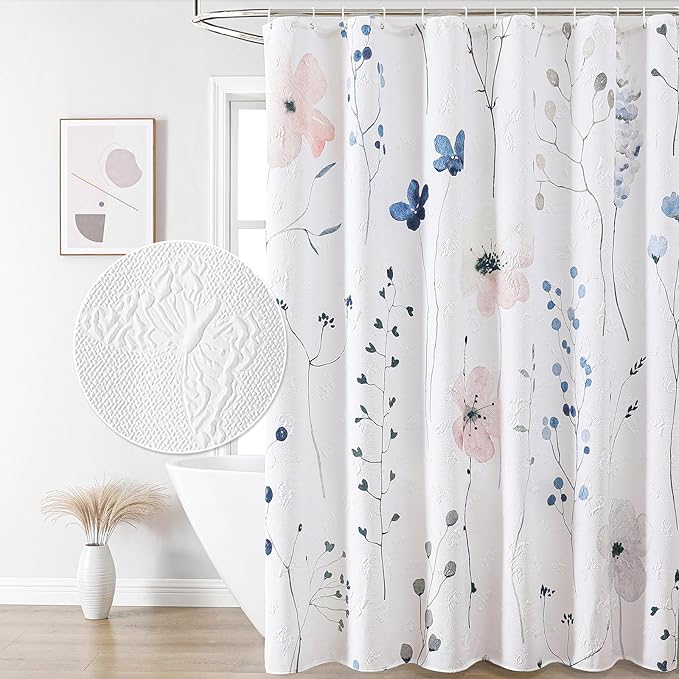 QiyI Watercolor Floral Shower Curtain, 3D Embossed Butterflies Pink Blue Bathroom Curtain, Minimalist Farmhouse White Bath Curtain, Waterproof Fabric Flower Shower Curtain Set with Hooks, 72x72