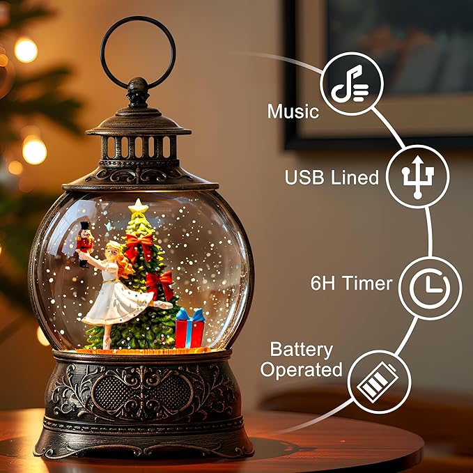 9.8" Christmas Snow Globe Water Lantern with Clara & Nutcracker Suite Scene Battery Operated or USB Powered Musical Lighted Holiday Decoration for Tabletop Display for Family and Friends