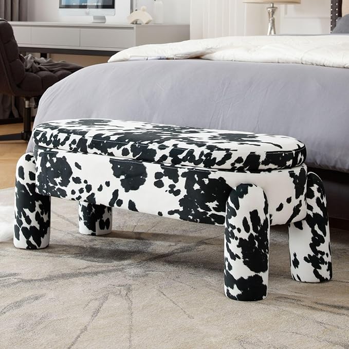 DUOMAY Modern Storage Ottoman Bench, Velvet Upholstered Storage Bench End of Bed Stool for Bedroom Living Room Entryway, 44.75" Width, Milk Cow/Black