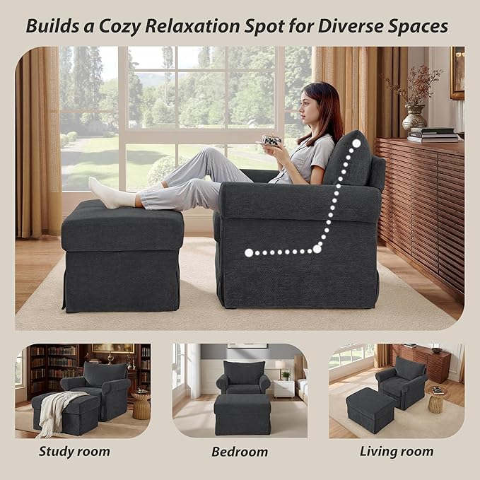 Modern Living Room Chairs with Ottoman, Comfy Chenille Reading Armchair with Rolled Arms and Cushion Backrest, 35.8" W Oversized Chaise Lounge Chair for Bedroom, Study, Apartment, Grey
