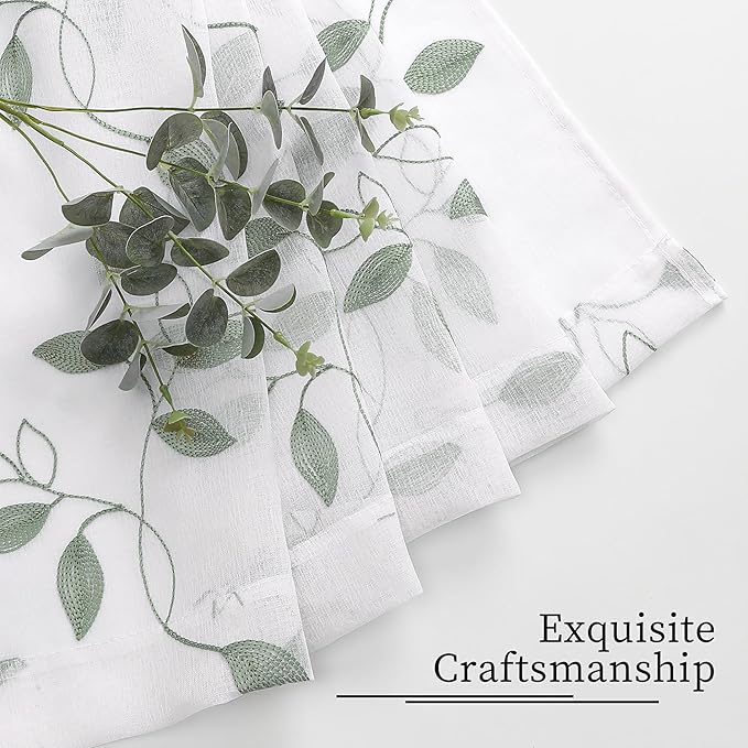 Tollpiz Sage Green Leaf Sheer Curtain Leaves Embroidered Living Room Short Curtains Rod Pocket Voile Window Treatment for Bedroom, 54 x 54 inches Long, Set of 2 Panels