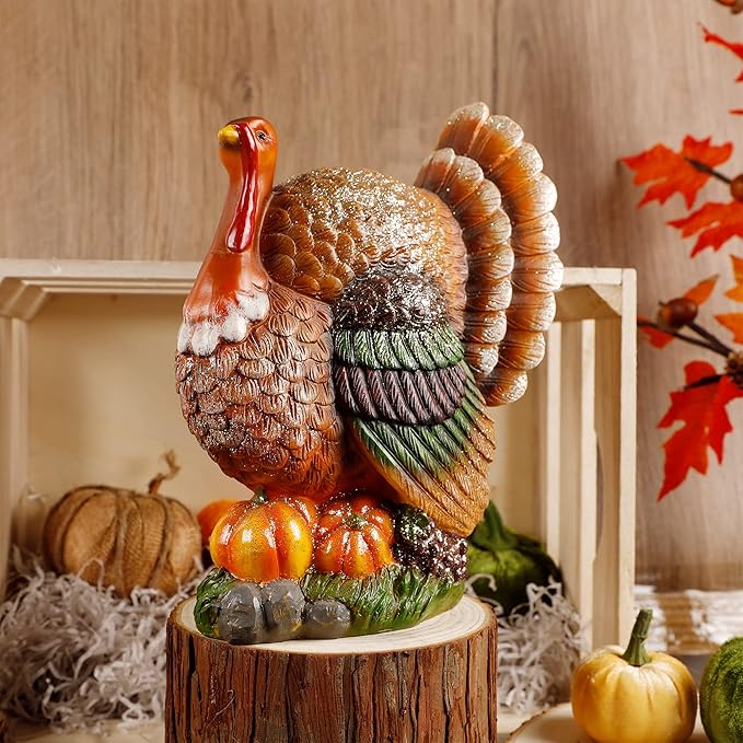 winemana Thanksgiving Table Decorations Resin Turkey with Pumpkin, Hand-Painted Fall Figurine Centerpiece for Home Kitchen Office Harvest Day Decor