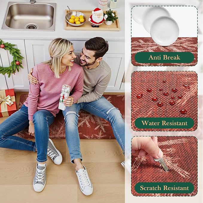 Snowflake Christmas Kitchen Mat, Anti Fatigue Mats for Kitchen Floor Cushioned Red Kitchen Rugs Non Slip, Floral Ergonomic Waterproof Standing Mat for Home Decor,Laundry,Sink