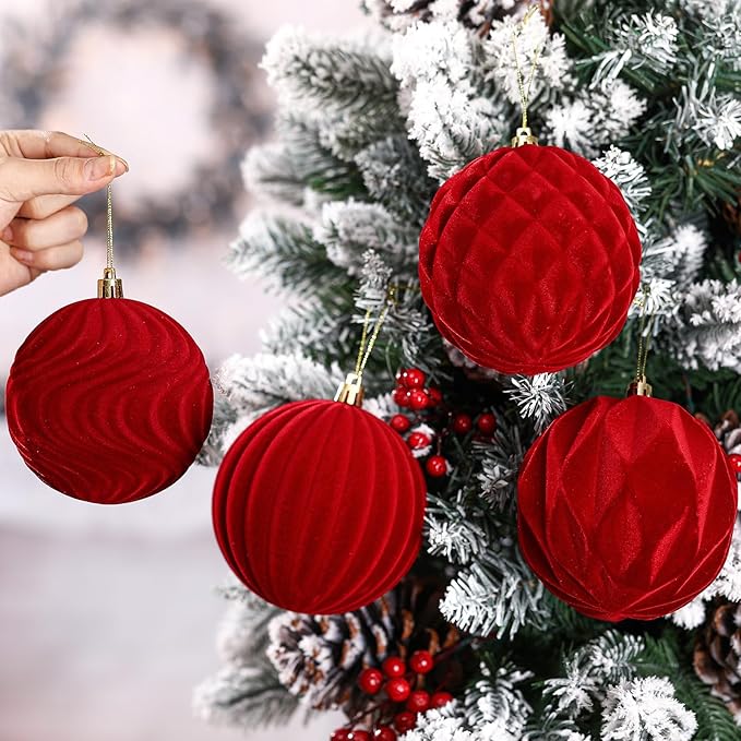 4 Pcs 4 Inch Large Velvet Christmas Ball Ornaments Vintage Christmas Plastic Ball Ornaments Flocked Tree Hanging Decoration for Xmas Party Wedding Home Decor(Red)