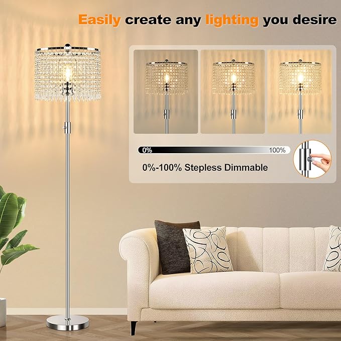 【Upgraded】 Floor Lamps for Living Room, 1000LM LED Bulb Included, Dimmable Standing Lamp with Crystal Lampshade, Tall Silver Pole Light for Bedroom Nursery Office Corner Reading