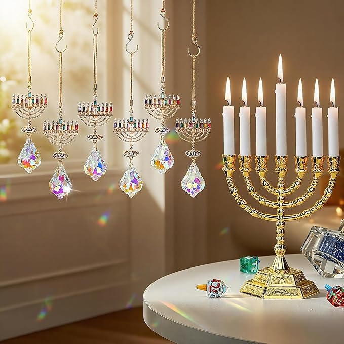 6 PCS Hanukkah Menorah Hanging Ornaments, Crystal Suncatchers for Christmas Tree, Halloween & Hanukkah Decor, Window Suncatchers & Gift
