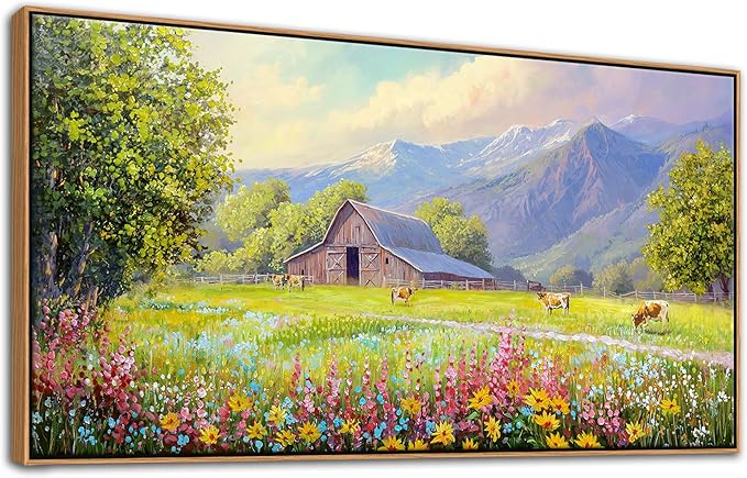 AJAZIKO Rustic Mountain Wall Art,Farmhouse Landscape Wall Decor with Highland Cow & Floral Art - Nature & Country Artwork for Living Room, Bedroom & Walls - Framed Flower Pictures for Home 24x48IN