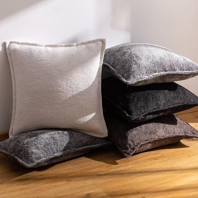 Black Decorative Throw Pillow Covers 22x22 Inch Set of 2 Cozy Soild Chenille Cushion Cases Soft Textured Square Couch Pillows Cover Boho Accent Farmhouse Pillowcases for Sofa Bed