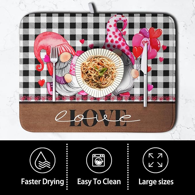 Valentine's Day Dish Drying Mats for Kitchen Counter, Gnome Love Kitchen Drying Mat, Buffalo Plaid Dish Drainer Mat Absorbent Quick Dry Dishes Pad 18 x 24 In - Farmhouse Decor Valentines Gift