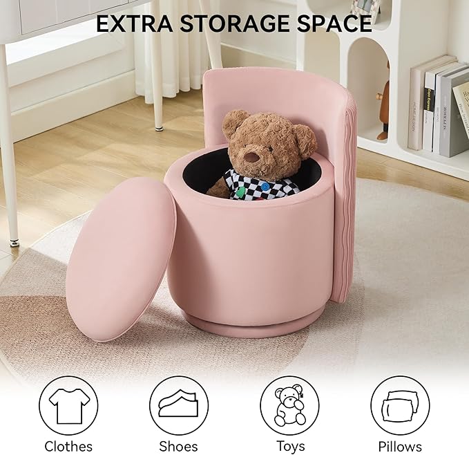 Velvet Vanity Chair with Storage, 360° Swivel Makeup Chair with Wave Back, No Assembly Small Accent Stool for Bedroom, Dressing, Living Room, Pink