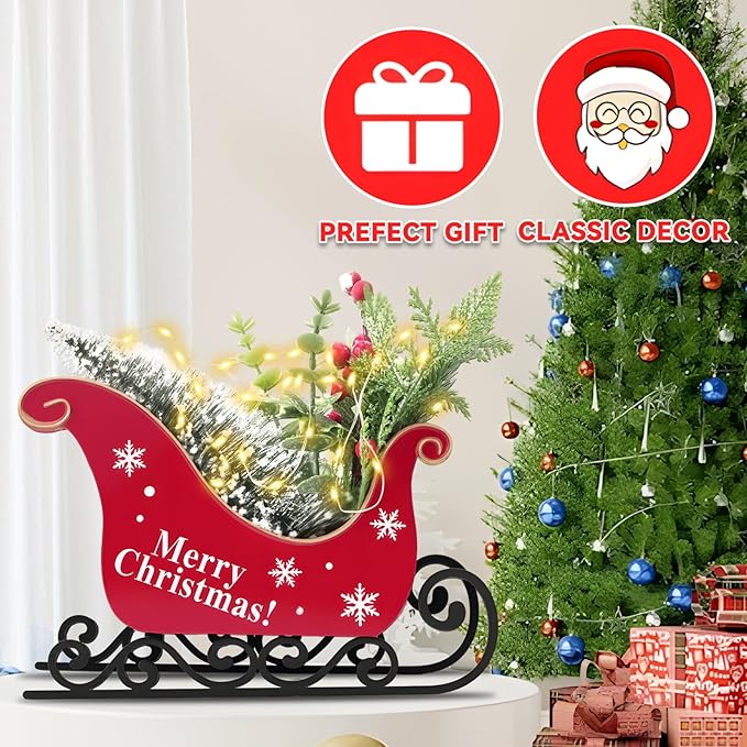 Christmas Table Decorations Christmas Sleigh Table Decor Christmas Table Decorations Small Santa Sleigh with Pine Twigs & Red Berries, Festive Holiday Centerpiece for Home Office Party Decor