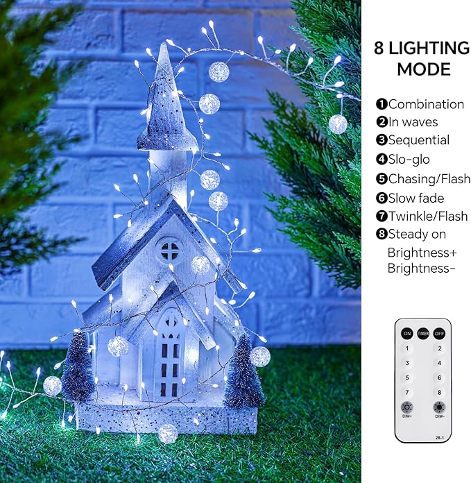 Battery Powered Fairy Lights with Remote, 100 LED Cluster Lights Christmas Waterproof Twinkly Globe String Lights for Christmas Tree Copper Wire Firecracker Light for Bedroom Indoor Decoration