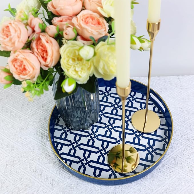 Spsyrine Round Decorative Tray, Plastic Serving Table Tray with Handles for Breakfast, Modern Ottoman Tray for Coffee Table, Bathroom, Kitchen, Living Room, White