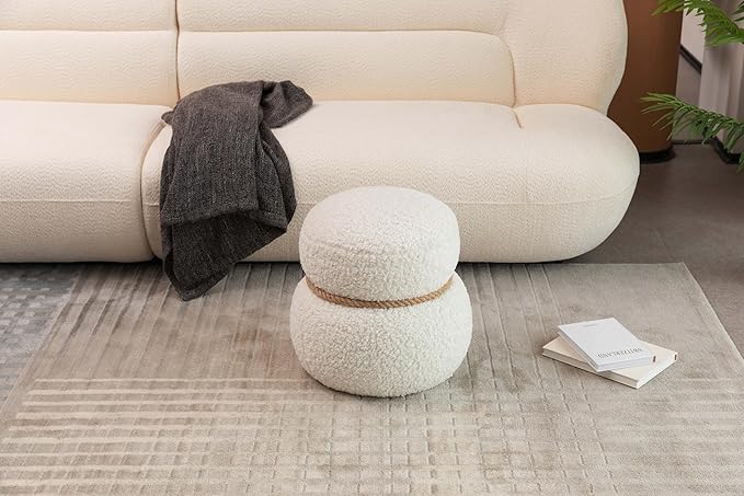 Snowman Footstool Ottoman Teddy Vanity Stool Small Upholstered Boucle Ottoman Shoe Stool Cute Stool Sofa Footrest Stool for Living Room Bedroom Entrance (White)