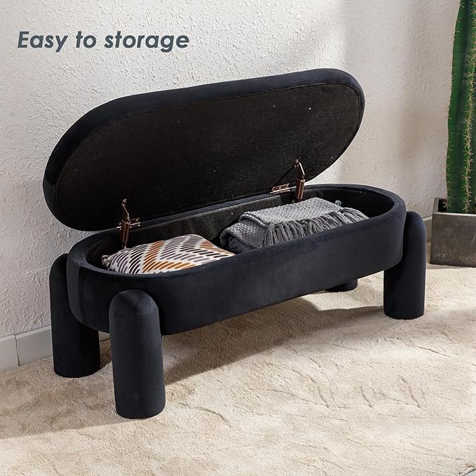 DUOMAY Storage Ottoman Bench, Velvet Upholstered Fabric Storage Bench End of Bed Stool for Bedroom Living Room Entryway, 44.75" Width, Black