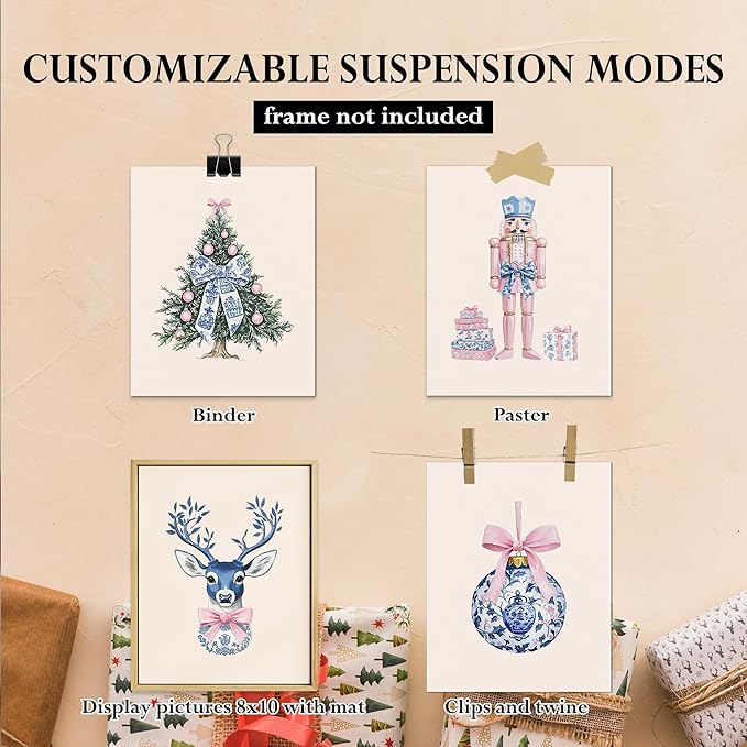 DOFQZ Pink Chinoiserie Christmas Wall Art Prints Set of 4, Grandmillenial Christmas Decor, Preppy Bauble Xmas Tree Nutcracker Reindeer Holiday Posters for Girls Dorm Apartment Decor, 8x10 Unframed