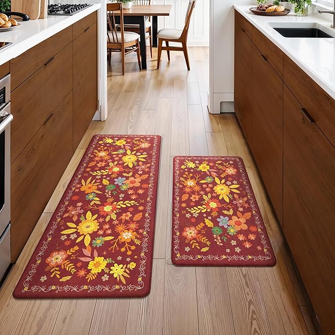 GENIMO Kitchen Mats for Floor 2PCS, Cushioned Kitchen Rugs Non Slip Washable, Farmhouse Anti Fatigue Mat Waterproof, Comfort Standing Mat Rug for Office, Home, Laundry, 17.3"x47"+17.3"x30", Red
