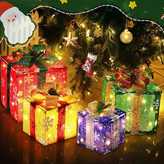 DomKom Set of 4 Christmas Lighted Gift Boxes, 70 Led Light Up Colorful Iron Frame Present Box with Pine Cones Bows for Xmas Tree Party Yard Holiday Indoor Outdoor Decoration