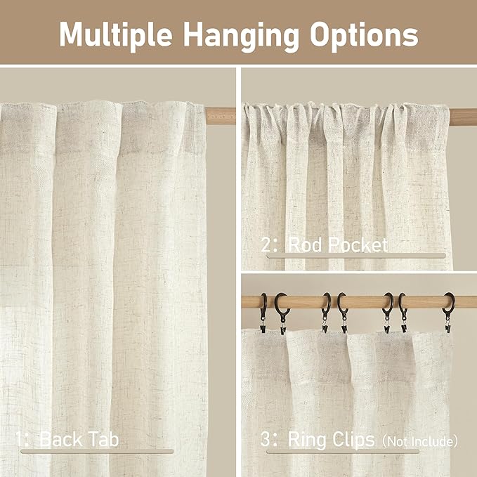 LAMIT Ivory 90 Inches Long Linen Sheer Curtains for Living Room, Back Tab and Rod Pocket Nautral Curtains Light Filtering Boho Panels for Bedroom/Dining Room, Set of 2, 52 x 90 Inch