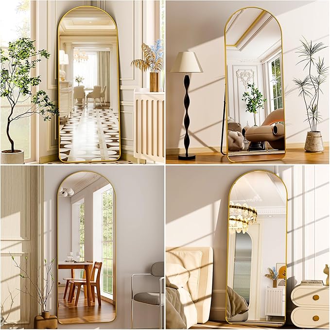 Modern Arched Full-Length Mirror, 64"x21" Arched Floor Mirror with Stand, Wall-Mounted Mirror for Bathroom, Dressing Room - Hanging or Leaning - Full Body Mirror for Bedroom, Gold
