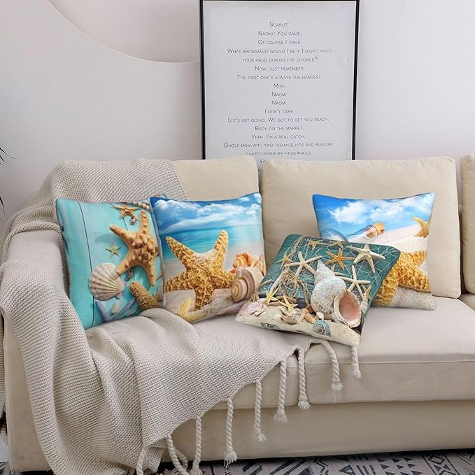 Ocean Beach Throw Pillow Covers 18 x 18 Inch Seashell Starfish Conch Ocean Themed Decorative Pillows Soft Cushion Cases for Couch Sofa Bed Home Decor Set of 4