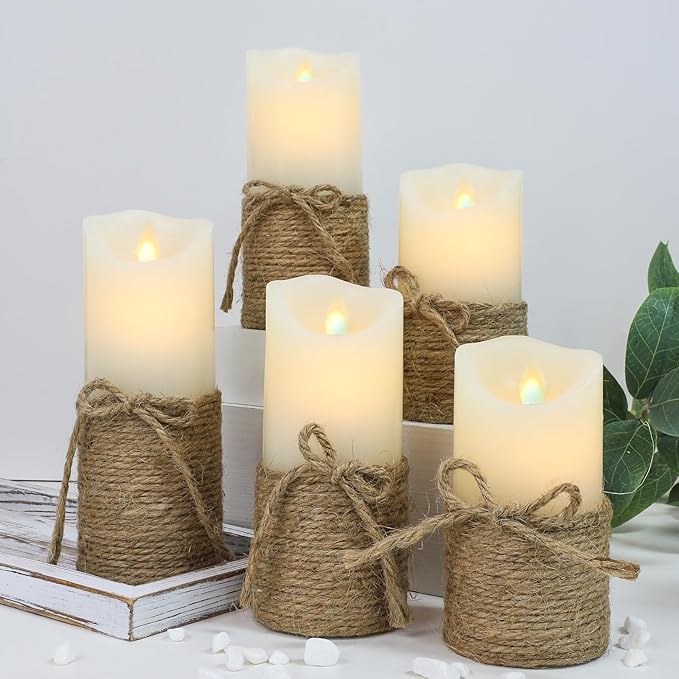 Crystal Club Flameless Candles Flickering with Timer, Set of 5 Battery Pillar Candles with Hemp Rope, Realistic Wax Candle Lights for Summer Party Home Table Décor