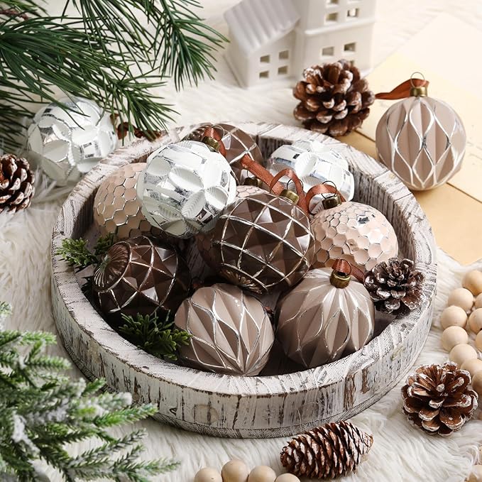 Syhood 12 Pcs Neutral Textured Christmas Ball Ornaments 2.4 Inch Vintage Xmas Tree Decorations Rustic Distressed Xmas Baubles Antique Farmhouse Modern Christmas Decor for Tree Home (Earth Tones)