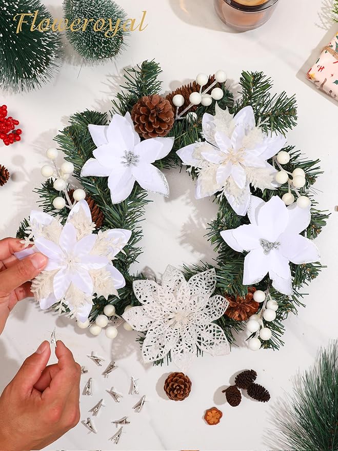 Floweroyal 60pcs Poinsettia Artificial Christmas Flowers Decorations with Clips and Berry Stems Glitter Ornaments for Christmas Tree Wreath Fireplace Stairs Decor (White-3 Styles)