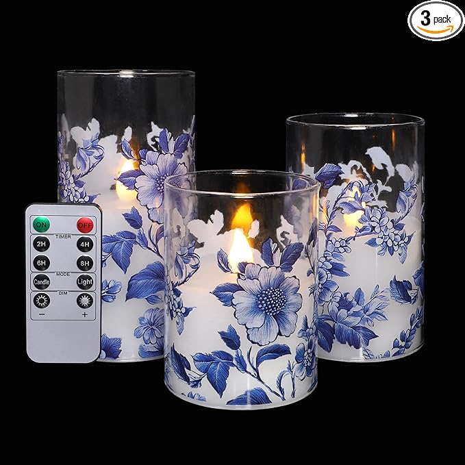 Flameless Candles Glass with Remote Control & Timer Function, Blue and White Porcelain Theme Design, Home Party Wedding Christmas Summer Decor, Set of 3