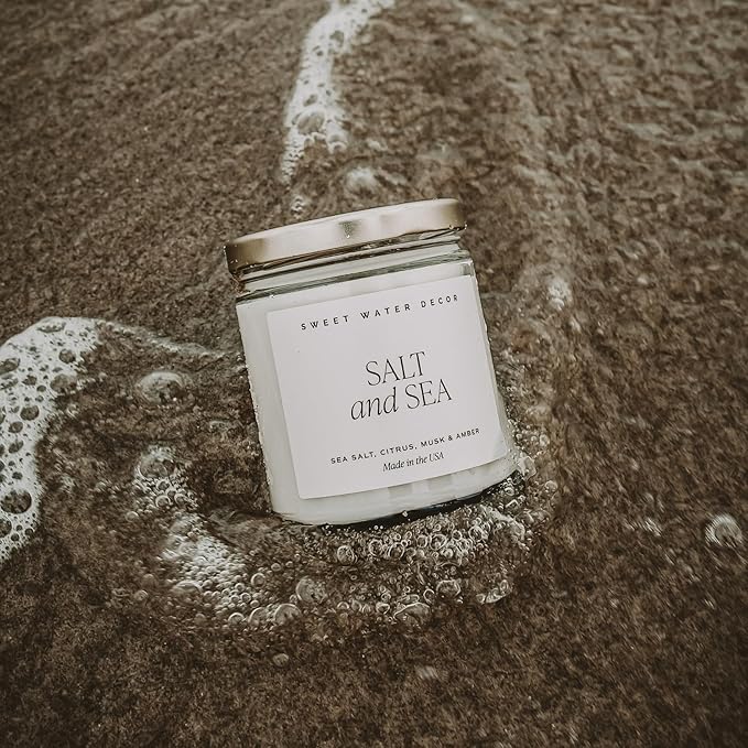Sweet Water Decor Salt and Sea Candle - Sea Salt, Musk, and Amber Scents - Beach Candles and Decor for Home - 9oz. Clear Jar Soy Candle, Made in The USA